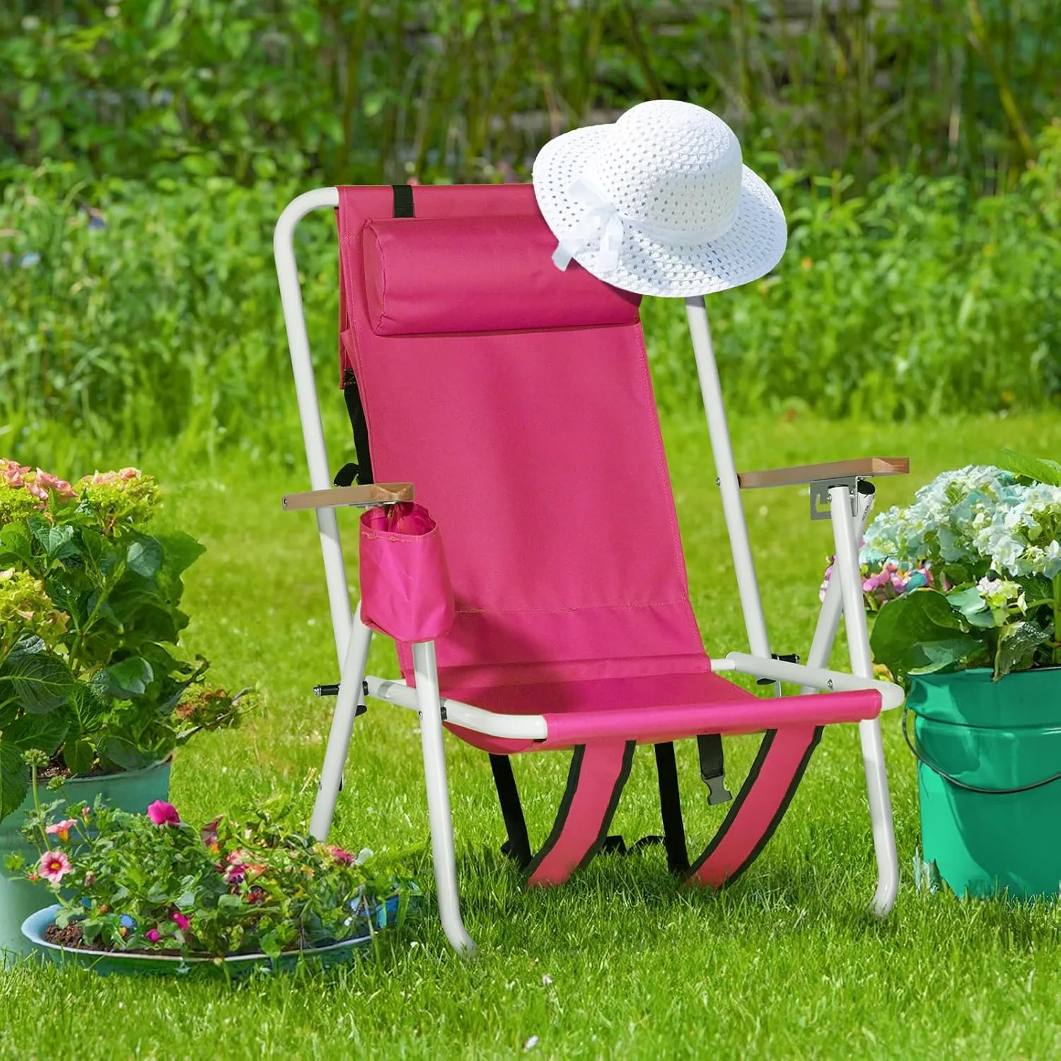 1 Pack Outdoor Beach Lawn Chairs,4 Position Portable Backpack Foldable Camping Chair,Lightweight Beach Chairs for Adults,Patio Dining Chairs,with Cup Holder,for Yard Pool Picnic Fishing (Pink)