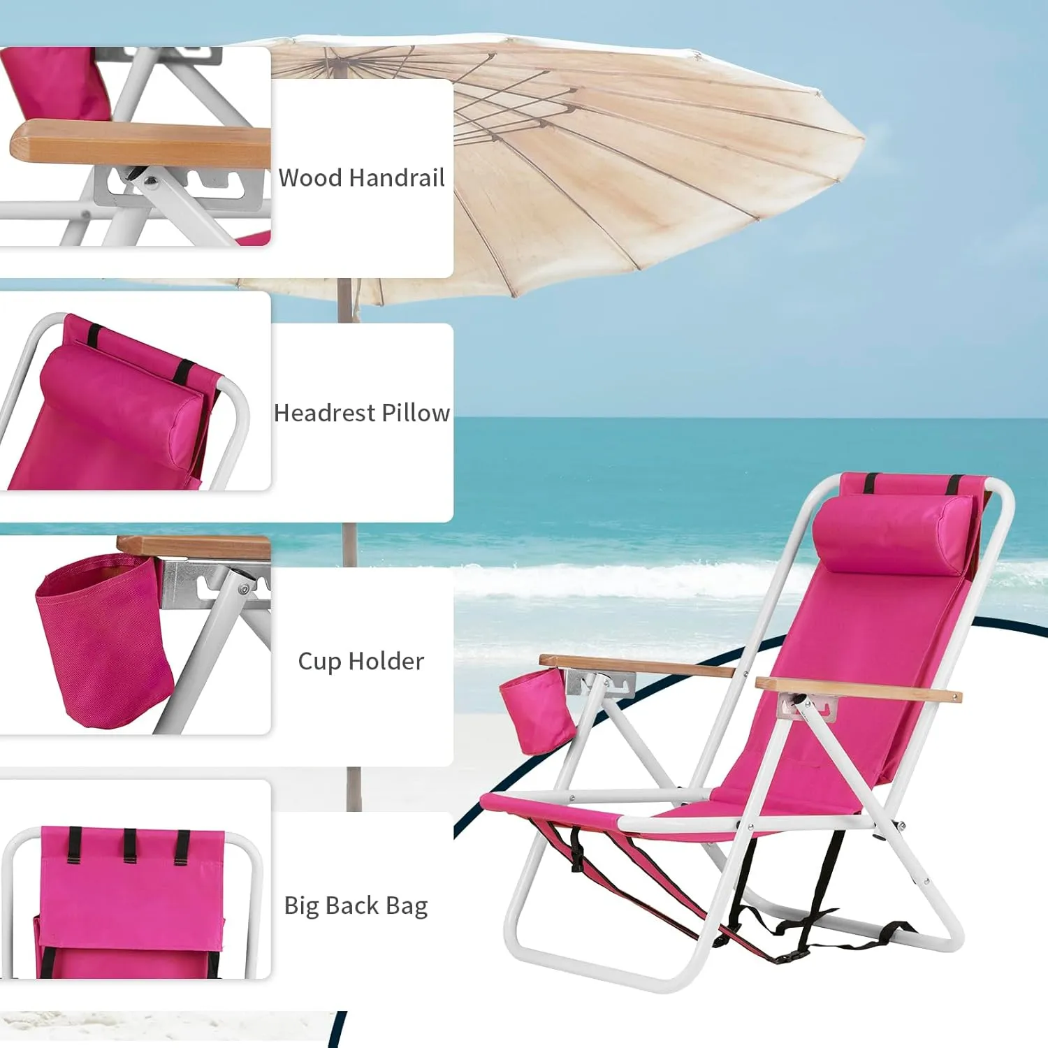 1 Pack Outdoor Beach Lawn Chairs,4 Position Portable Backpack Foldable Camping Chair,Lightweight Beach Chairs for Adults,Patio Dining Chairs,with Cup Holder,for Yard Pool Picnic Fishing (Pink)