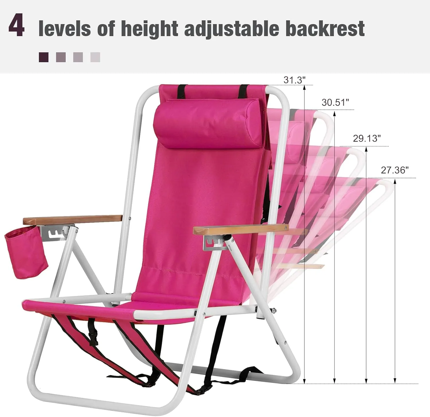 1 Pack Outdoor Beach Lawn Chairs,4 Position Portable Backpack Foldable Camping Chair,Lightweight Beach Chairs for Adults,Patio Dining Chairs,with Cup Holder,for Yard Pool Picnic Fishing (Pink)
