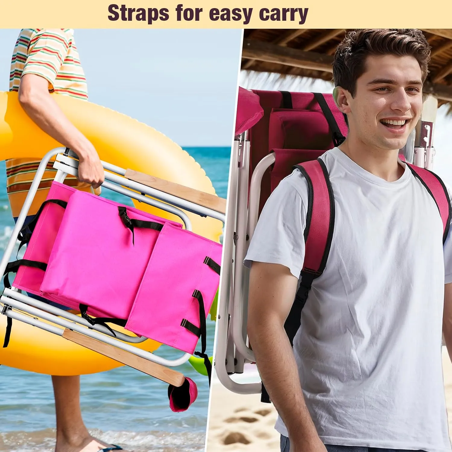 1 Pack Outdoor Beach Lawn Chairs,4 Position Portable Backpack Foldable Camping Chair,Lightweight Beach Chairs for Adults,Patio Dining Chairs,with Cup Holder,for Yard Pool Picnic Fishing (Pink)