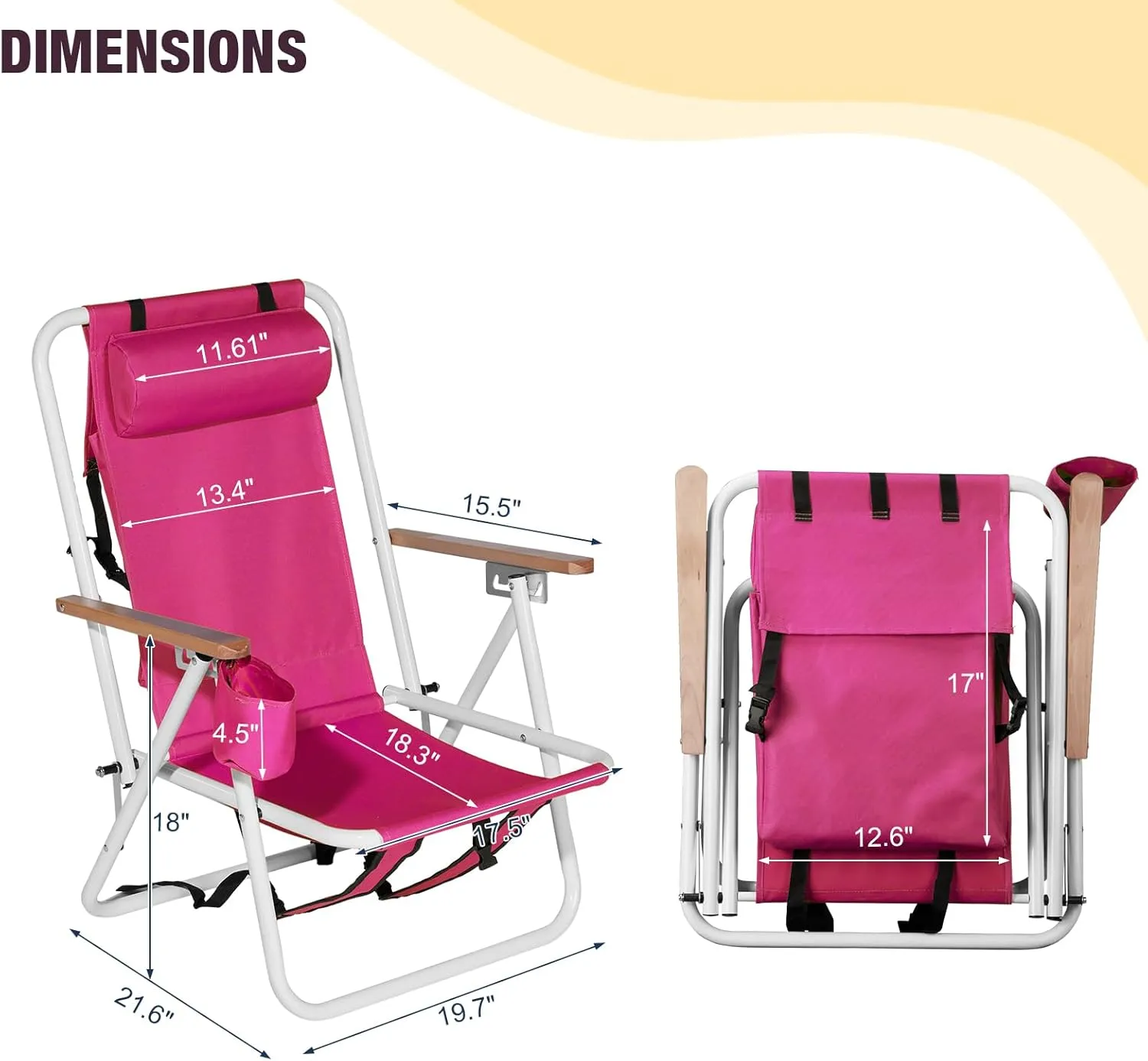 1 Pack Outdoor Beach Lawn Chairs,4 Position Portable Backpack Foldable Camping Chair,Lightweight Beach Chairs for Adults,Patio Dining Chairs,with Cup Holder,for Yard Pool Picnic Fishing (Pink)