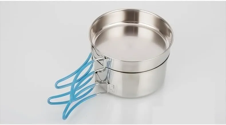 1 Set Of Outdoor Hiking And Camping Pots 304 Stainless Steel Black Handle Portable Folding Lunch Box