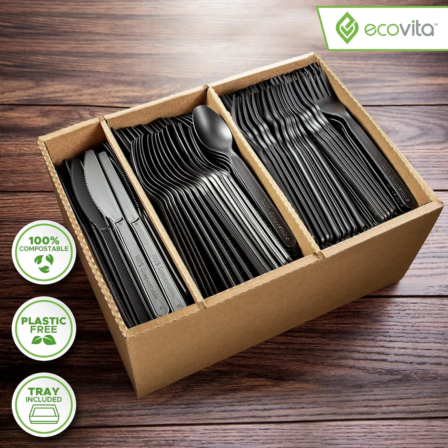 100% Compostable Forks Spoons Knives Cutlery Combo Set - 380 Large Disposable Utensils (7 in.) Eco Friendly Durable and Heat Resistant Alternative to Plastic Silverware with Convenient Tray