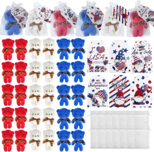 108 PCS 4th of July Mini Bear Bulk Set Red White Blue Plush with Patriotic Gnome Cards & Organza Bags Independence Day Veterans Day Party Favors Adults Gifts Exchange USA Parade Gift