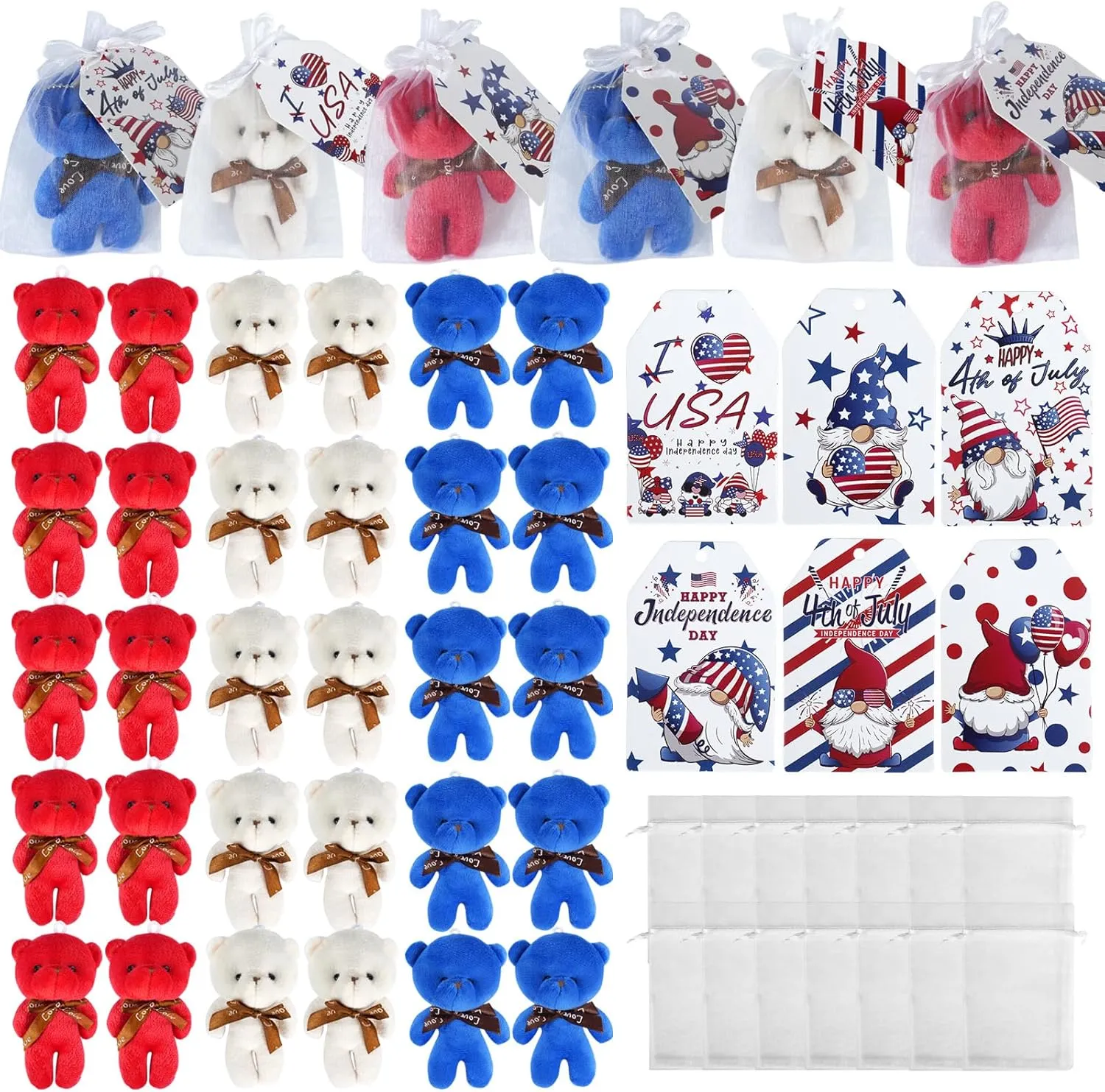 108 PCS 4th of July Mini Bear Bulk Set Red White Blue Plush with Patriotic Gnome Cards & Organza Bags Independence Day Veterans Day Party Favors Adults Gifts Exchange USA Parade Gift