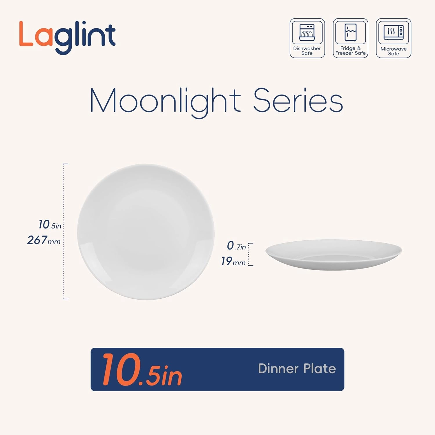 10.5 inch Dinner Plate Set of 6, Lightweight Round Opal Glass White Dinnerware Plates, Dishwasher and Microwave Safe