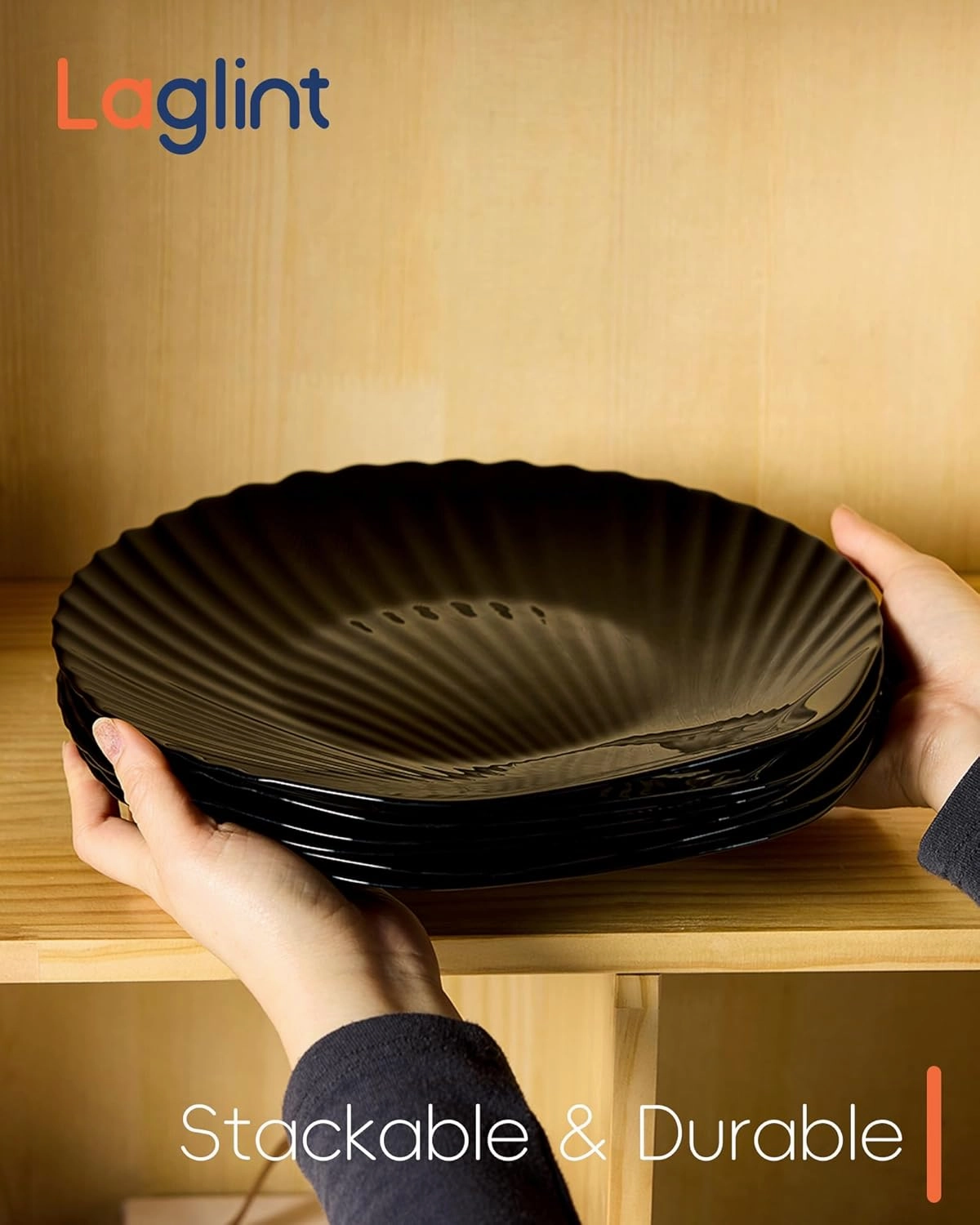 10.5 inch Dinner Plate Set of 6, Lightweight Seashell Shaped Opal Glass Plates Black, Dishwasher and Microwave Safe