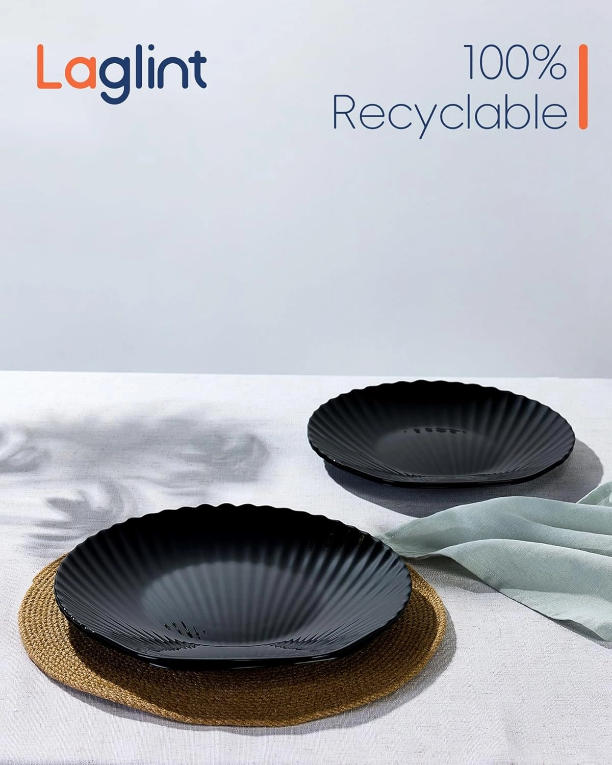 10.5 inch Dinner Plate Set of 6, Lightweight Seashell Shaped Opal Glass Plates Black, Dishwasher and Microwave Safe