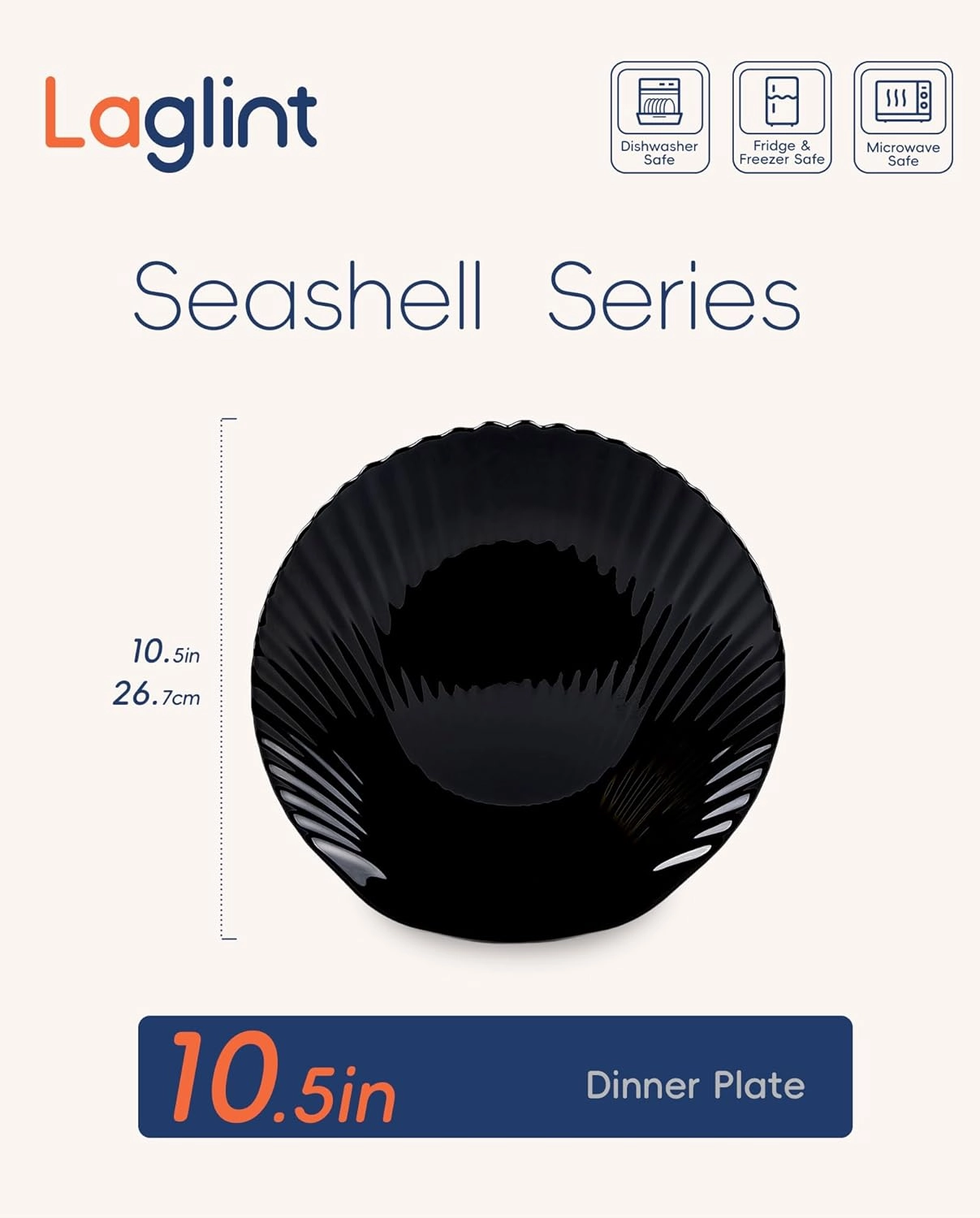 10.5 inch Dinner Plate Set of 6, Lightweight Seashell Shaped Opal Glass Plates Black, Dishwasher and Microwave Safe
