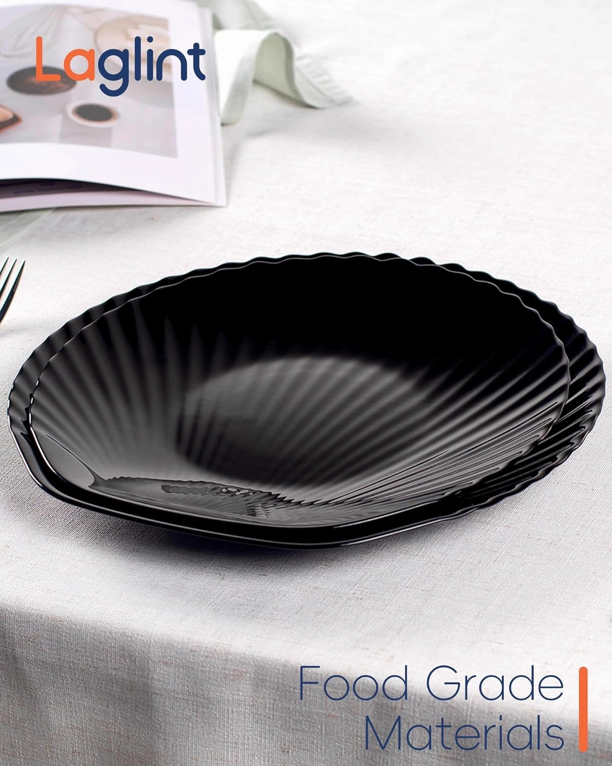 10.5 inch Dinner Plate Set of 6, Lightweight Seashell Shaped Opal Glass Plates Black, Dishwasher and Microwave Safe
