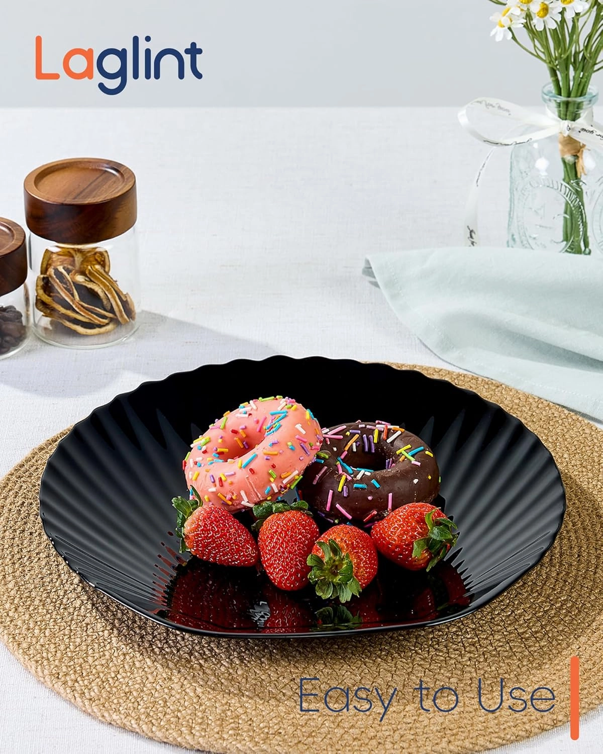 10.5 inch Dinner Plate Set of 6, Lightweight Seashell Shaped Opal Glass Plates Black, Dishwasher and Microwave Safe