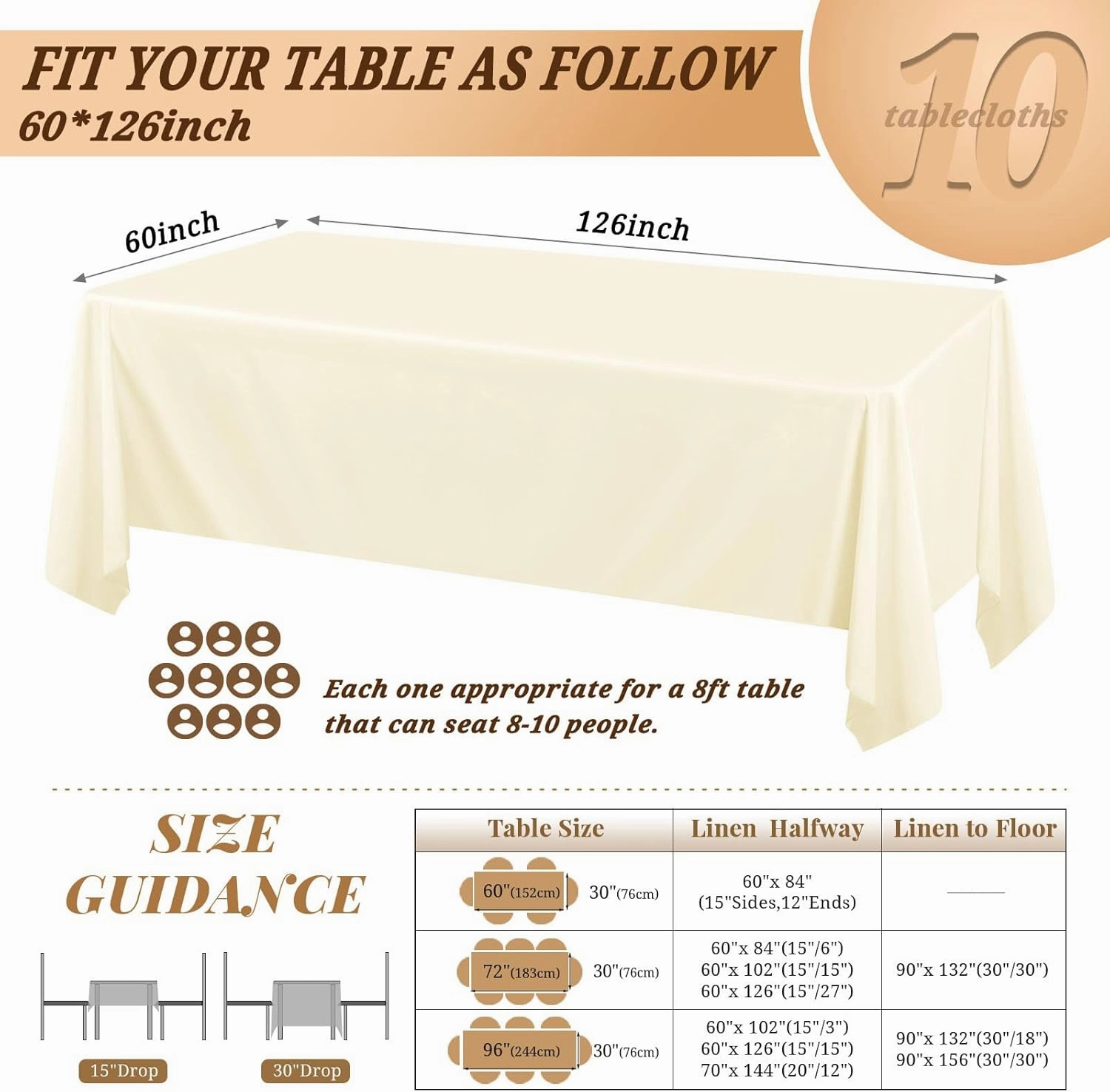 10 Pack 60 x 126 Inch Rectangle Tablecloth, Beige Tablecloth for 8 Feet Rectangle Tables, Stain and Wrinkle Resistant Washable Fabric Table Cloth for Wedding Dining Table Buffet Parties Camping