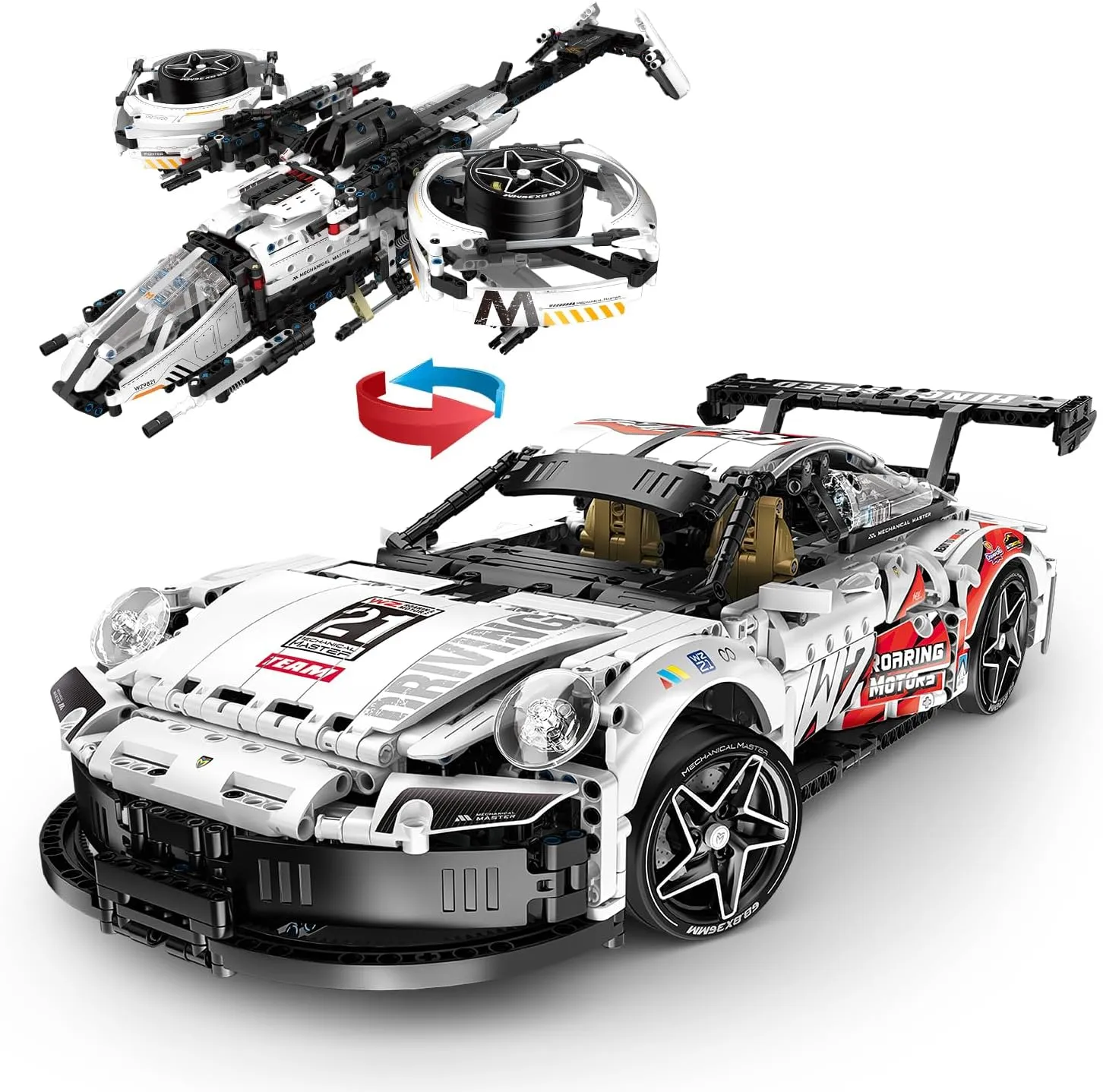 1:10 Racing Car Brick Kit, 2 in 1 Adult Collection Sports Technology Car Assembly Kit, 1861 Pieces Remote Control Super Car MOC Model Building Block Set, Suitable for Adults Men Teenagers Boys