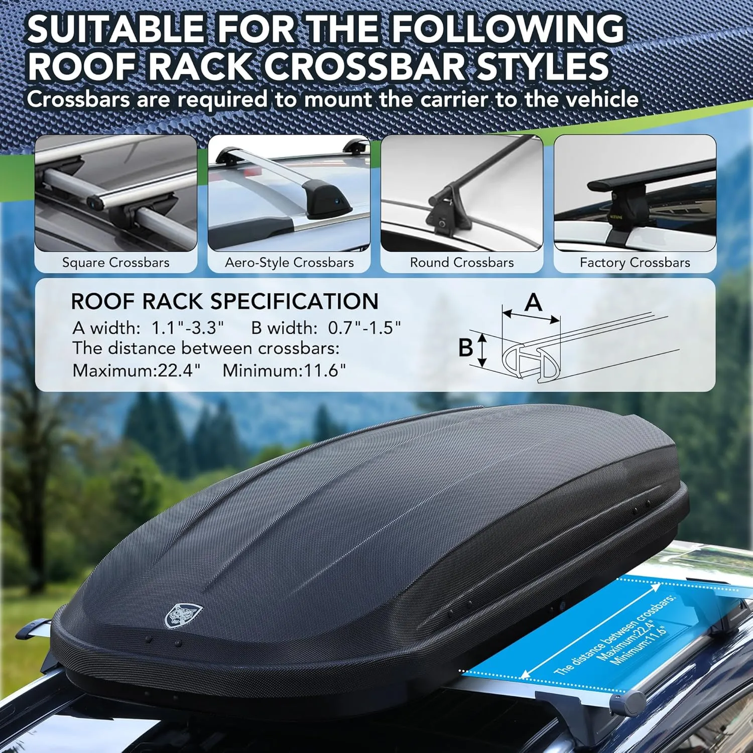 12 Cubic Feet Hard Shell Top Mount Carrier, Rooftop Cargo Box Carrier, Dual-Side Opening, Universal Fit for Cars & SUVs, Waterproof ABS Material with Secure Straps & Keys