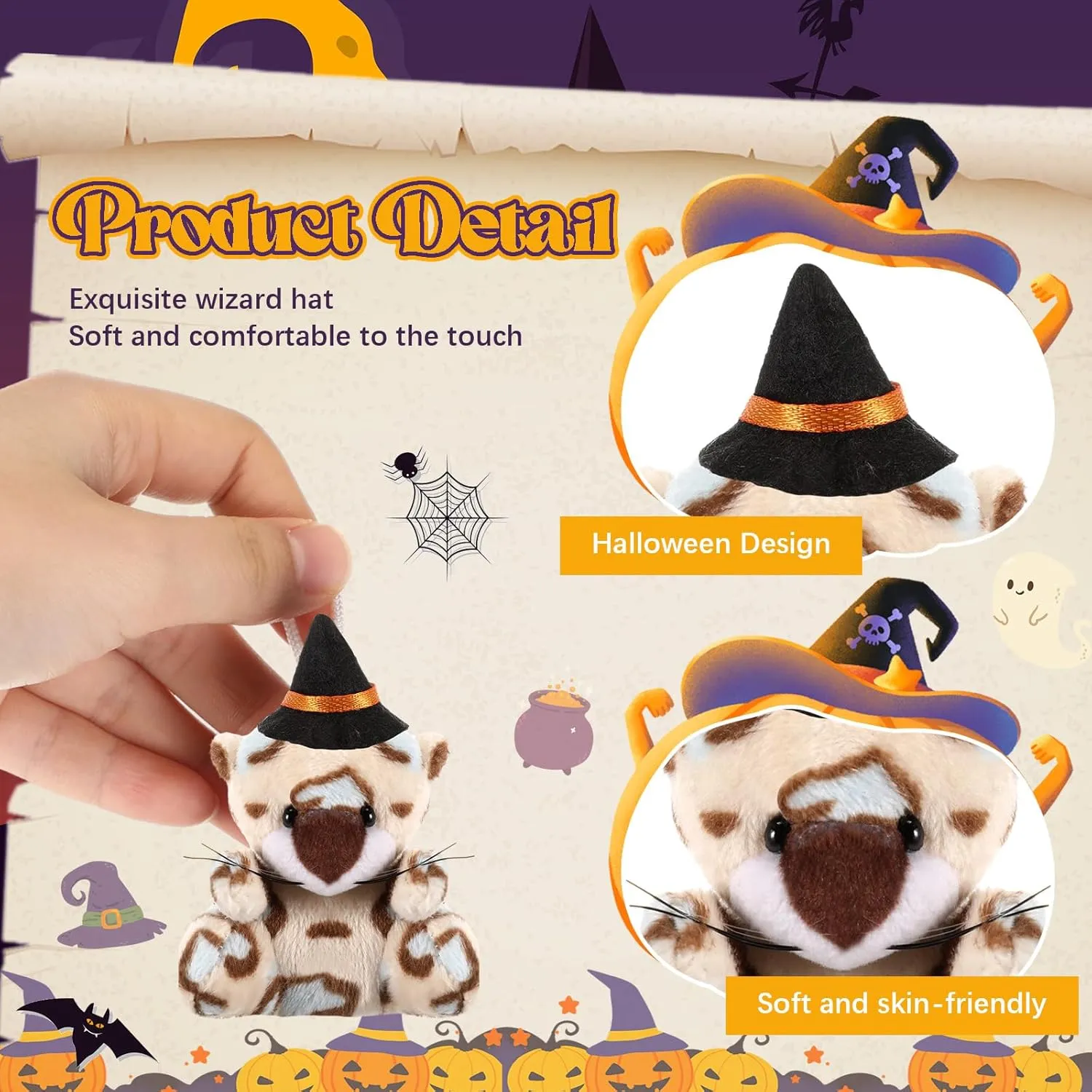 12 Pcs Halloween Mini Stuffed Animal Toys Small Plush Animal with Witch Hat Stuffed Mini Halloween Plush Doll for Party Decorations Exchange Gifts Party Favors Bag Fillers