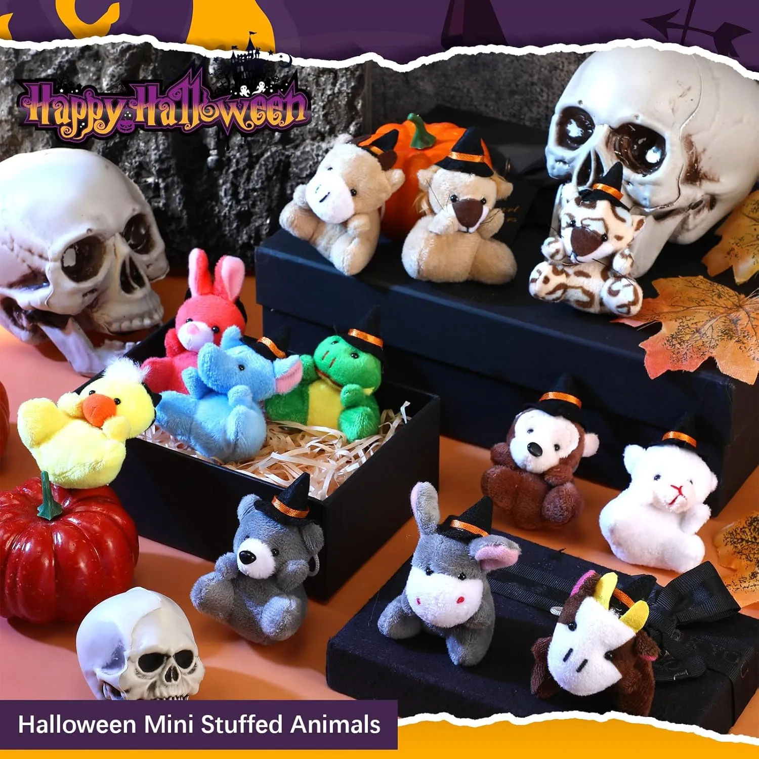 12 Pcs Halloween Mini Stuffed Animal Toys Small Plush Animal with Witch Hat Stuffed Mini Halloween Plush Doll for Party Decorations Exchange Gifts Party Favors Bag Fillers