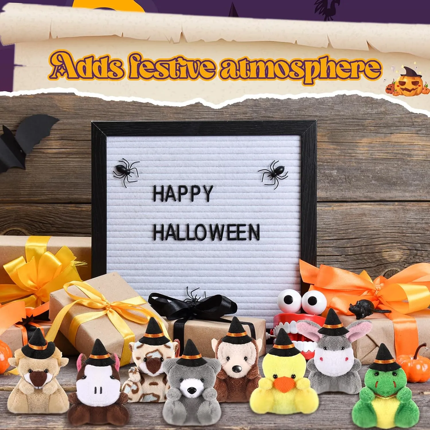 12 Pcs Halloween Mini Stuffed Animal Toys Small Plush Animal with Witch Hat Stuffed Mini Halloween Plush Doll for Party Decorations Exchange Gifts Party Favors Bag Fillers