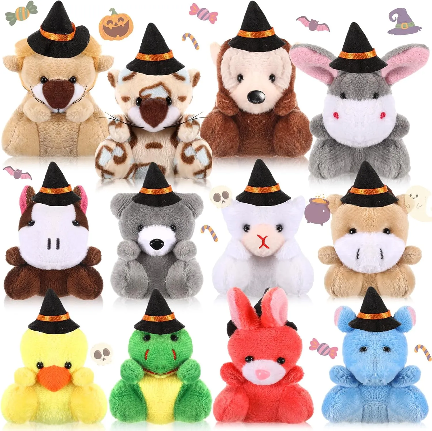 12 Pcs Halloween Mini Stuffed Animal Toys Small Plush Animal with Witch Hat Stuffed Mini Halloween Plush Doll for Party Decorations Exchange Gifts Party Favors Bag Fillers