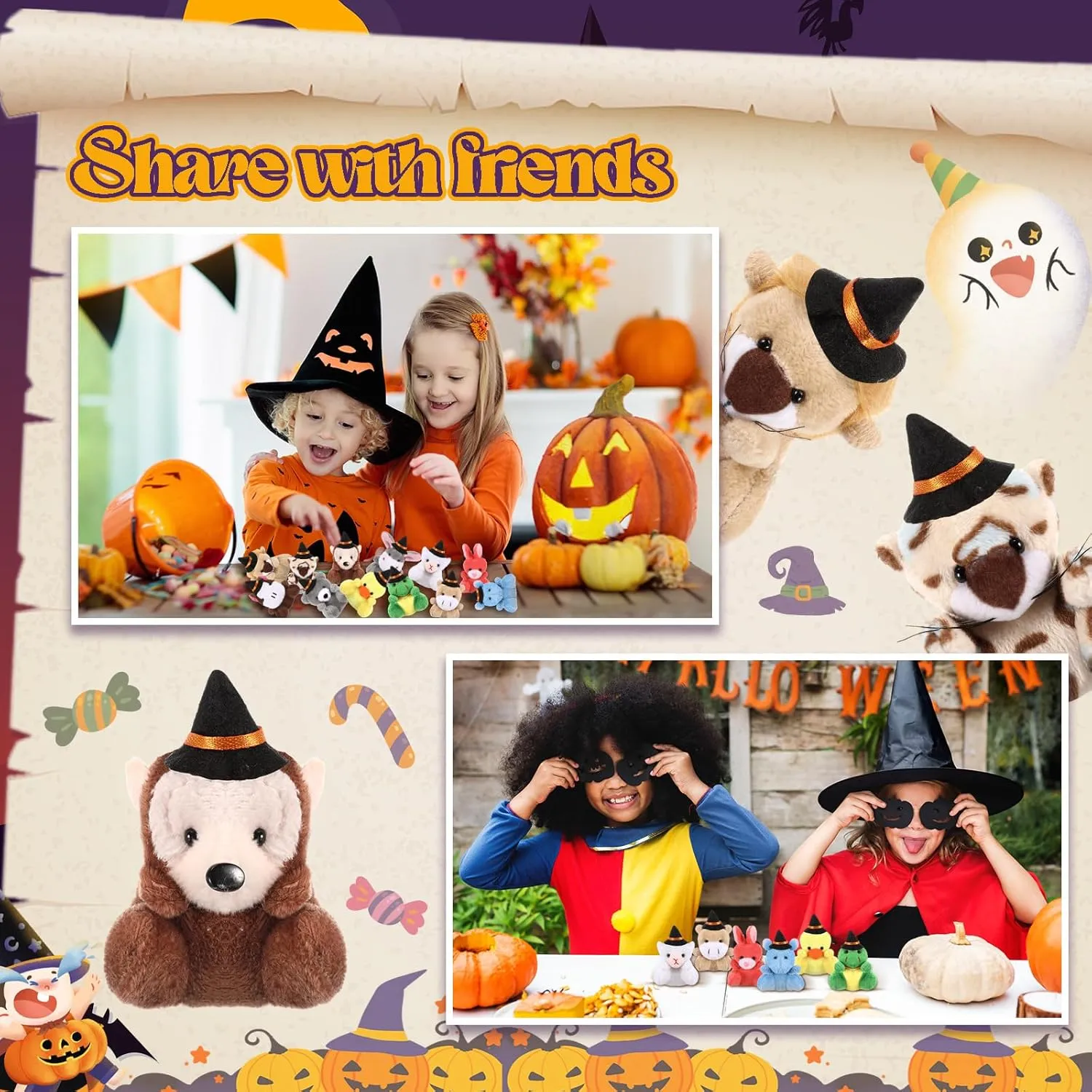 12 Pcs Halloween Mini Stuffed Animal Toys Small Plush Animal with Witch Hat Stuffed Mini Halloween Plush Doll for Party Decorations Exchange Gifts Party Favors Bag Fillers