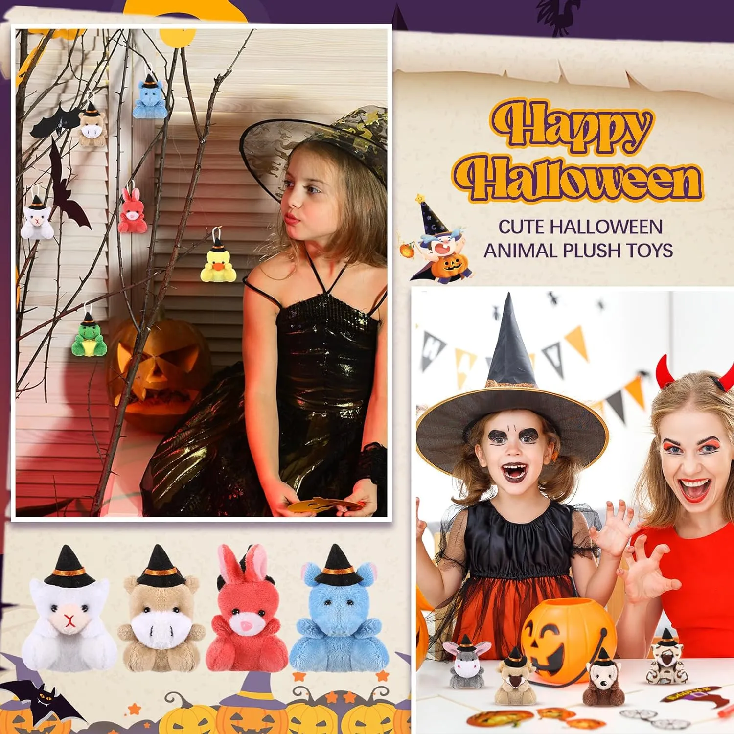 12 Pcs Halloween Mini Stuffed Animal Toys Small Plush Animal with Witch Hat Stuffed Mini Halloween Plush Doll for Party Decorations Exchange Gifts Party Favors Bag Fillers