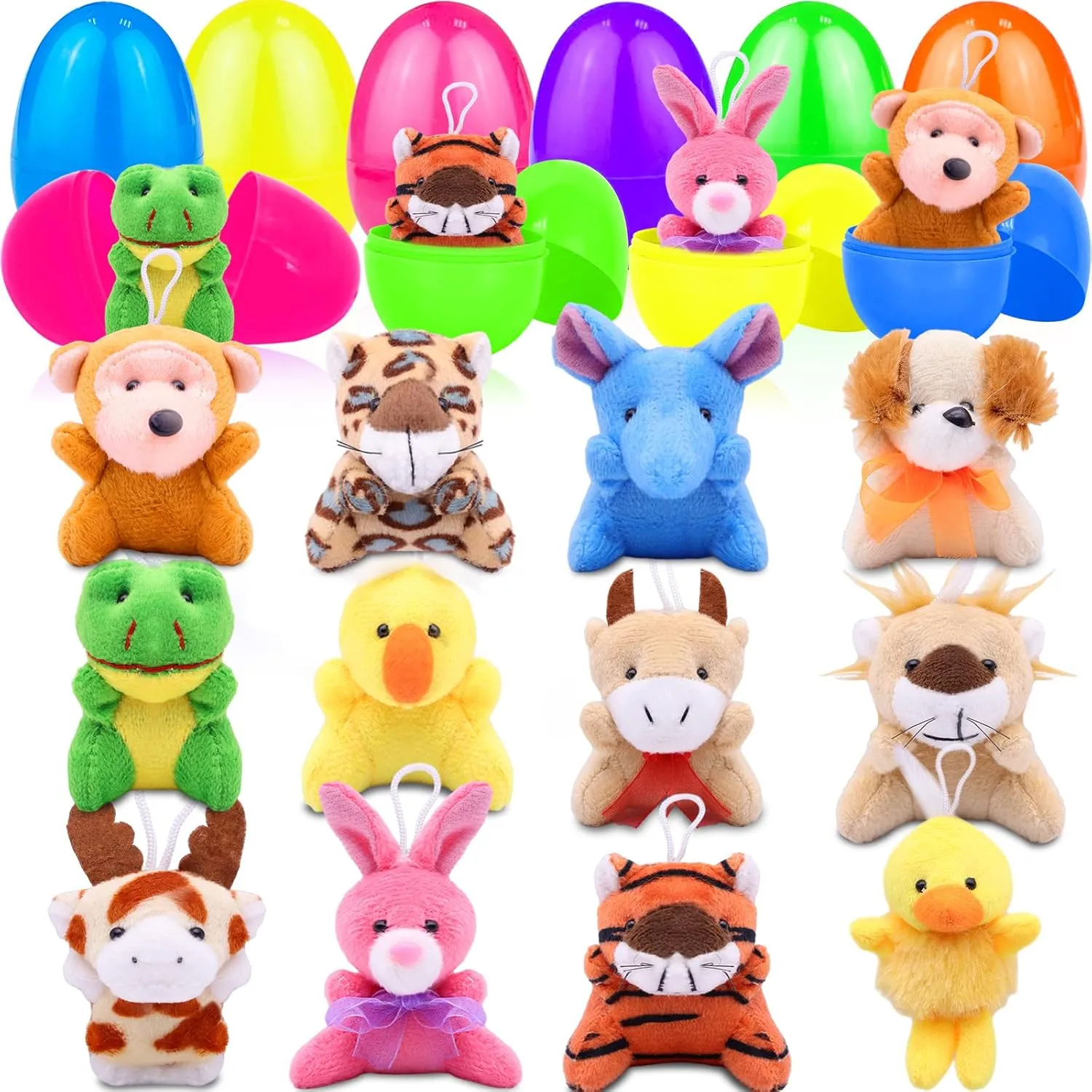 12 Pcs Prefilled Easter Eggs with Mini Stuffed Animal Plush Toys Easter Basket Stuffers Filler for Kids Toddler Boys Girls Egg Hunt Party Favors Classroom Prize Supplies