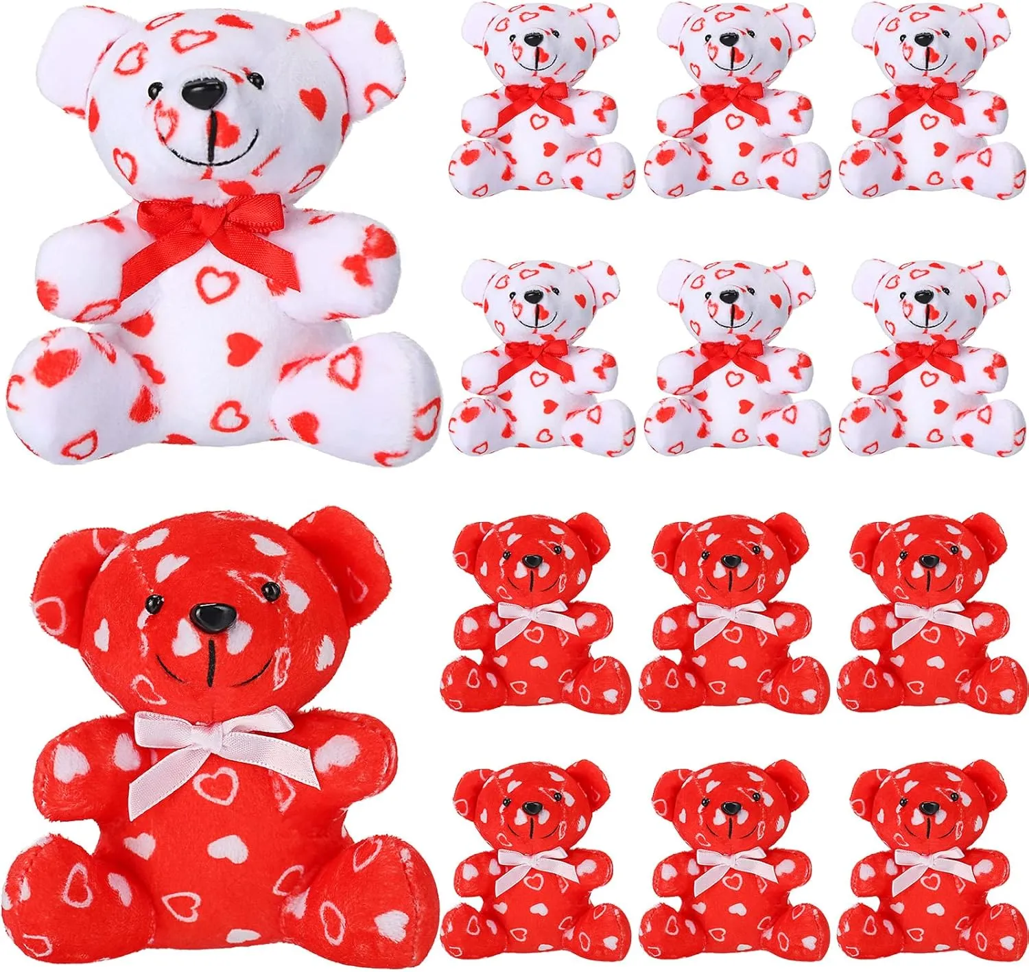 12 Pieces Valentines Day Plush Mini Stuffed Bears with Heart Pattern Love Bears for Valentine's Day Gifts or Bouquet Decoration Birthday Party Favors, 4 Inches, Red White
