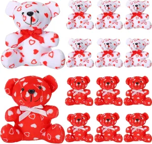 12 Pieces Valentines Day Plush Mini Stuffed Bears with Heart Pattern Love Bears for Valentine's Day Gifts or Bouquet Decoration Birthday Party Favors, 4 Inches, Red White