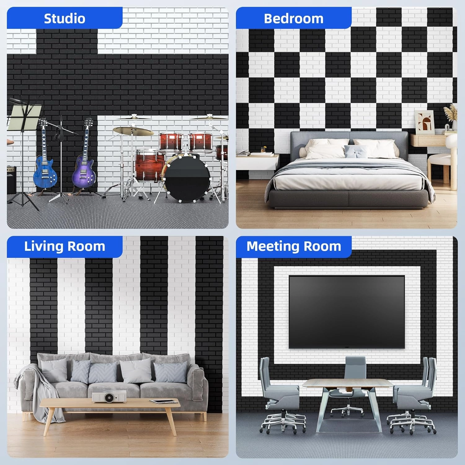 12 Pack Acoustic Panels with Self Adhesive, 12" X 12" X 0.4" High Density Sound Proof Foam Panels for Walls, Soundproof Wall Panels, Brick Sound Absorbing Panels for Home Studio Office Decor - Black
