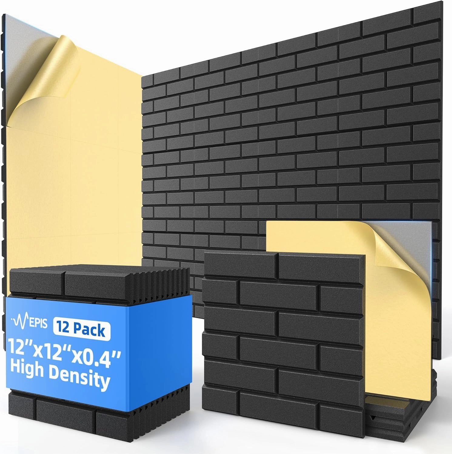 12 Pack Acoustic Panels with Self Adhesive, 12" X 12" X 0.4" High Density Sound Proof Foam Panels for Walls, Soundproof Wall Panels, Brick Sound Absorbing Panels for Home Studio Office Decor - Black