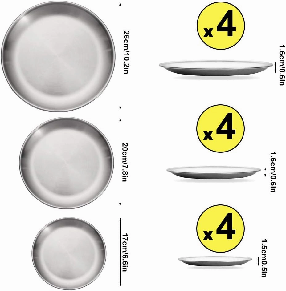 12 Pack Stainless Steel Plates, Reusable Brushed Metal Dinner Plates, Metal Dinner Dishes for Picnic BBQ Steak (sliver)