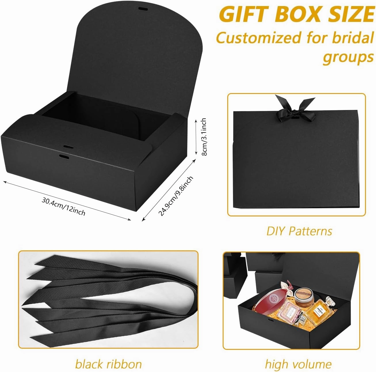 12Pack Black Gift Boxes with Lids, 12×9.8×3.1 Inch Groomsmen Proposal Box, Luxury Black Gift Box with Ribbon for Bridesmaid Box, Graduation, Christmas, Wedding, Birthday, Party