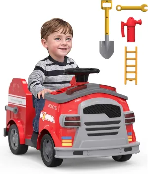 12V Electric Ride-On Fire Truck for Toddlers, Kids Vehicle with Toy Fire Extinguisher, Alarm Lamp, Siren-Call, Wrench Set, Spade Shovel, Battery Powered Toy Car for Boys and Girls, Red