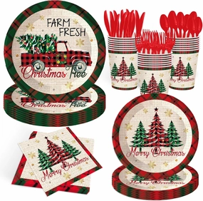 140Pcs British Plaid Christmas Party Decorations: 20 9" Plates, 20 7" Plates, 20 6.5" Napkins, 20 Cups, 20 Forks, 20 Knives, 20 Spoons - Red, Plaid, Christmas Tree Pattern - Serves 20 Guests