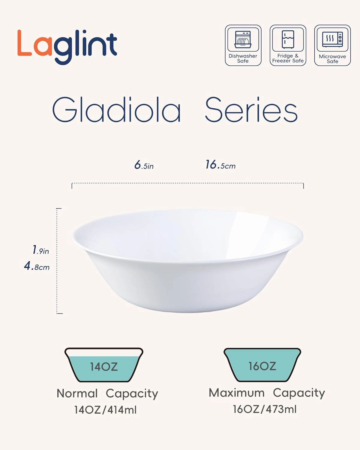 14 OZ (16 OZ MAX) White Opal Glass Cereal Bowl Set of 4, 6.5 inch Dishwasher & Microwave Safe Round Bowls for Soup, Salad and Rice