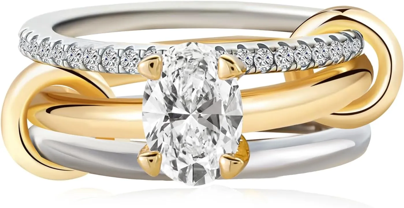 14k Gold Silver Plated Stackable Rings for Women Minimalist Moissanite Cubic Zirconia Dainty Mixed Metal Two Tone Gemstone Stacked Diamond Rings Set Non Tarnish Statement Knuckle Jewelry