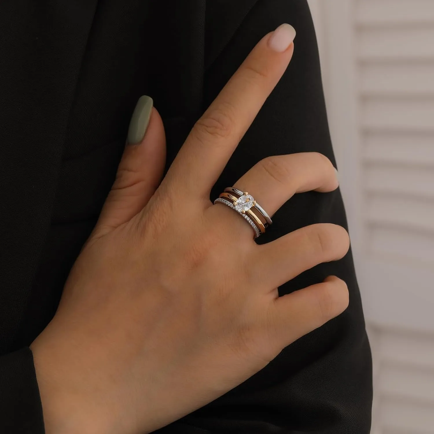 14k Gold Silver Plated Stackable Rings for Women Minimalist Moissanite Cubic Zirconia Dainty Mixed Metal Two Tone Gemstone Stacked Diamond Rings Set Non Tarnish Statement Knuckle Jewelry