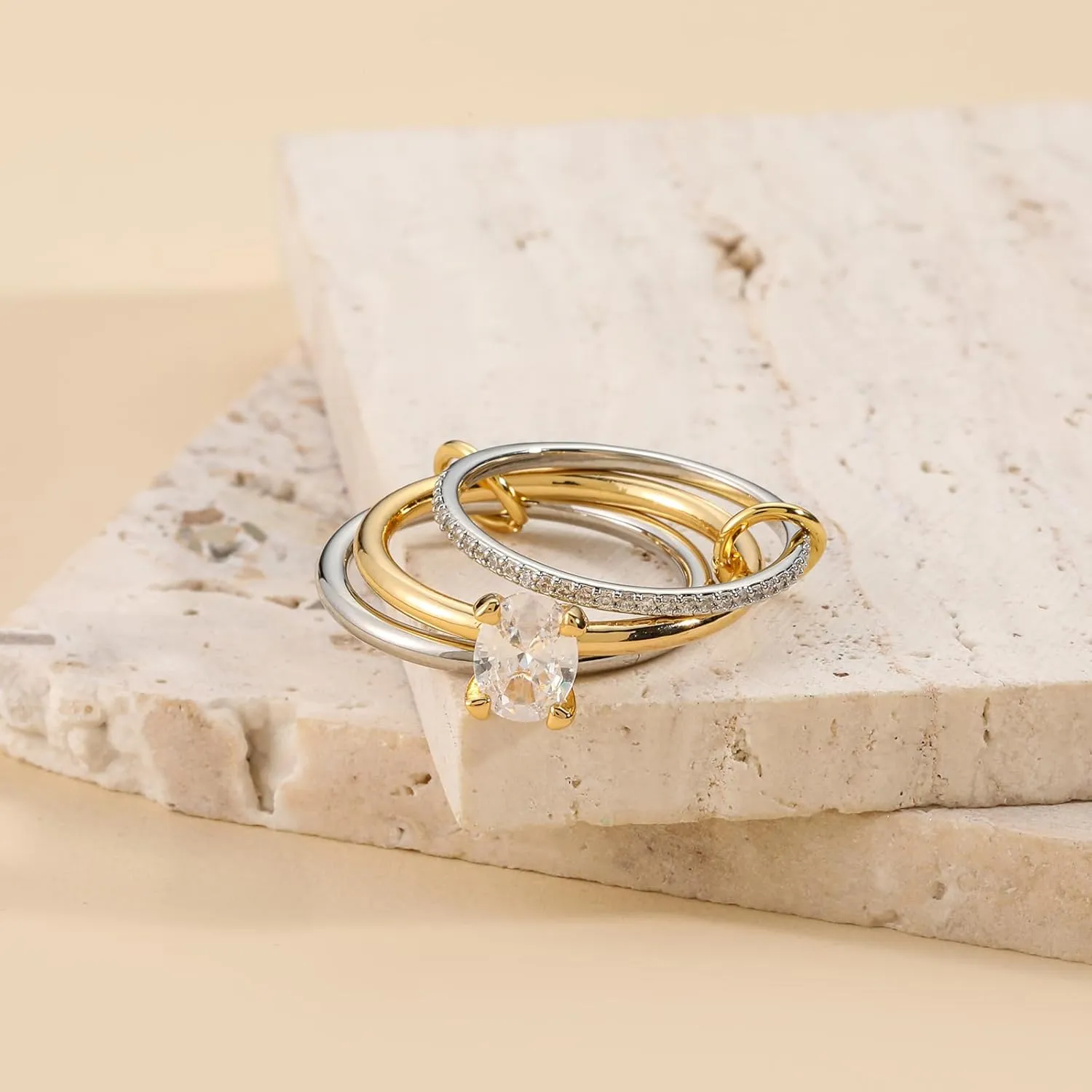 14k Gold Silver Plated Stackable Rings for Women Minimalist Moissanite Cubic Zirconia Dainty Mixed Metal Two Tone Gemstone Stacked Diamond Rings Set Non Tarnish Statement Knuckle Jewelry