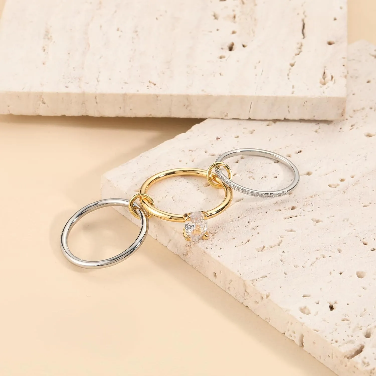 14k Gold Silver Plated Stackable Rings for Women Minimalist Moissanite Cubic Zirconia Dainty Mixed Metal Two Tone Gemstone Stacked Diamond Rings Set Non Tarnish Statement Knuckle Jewelry