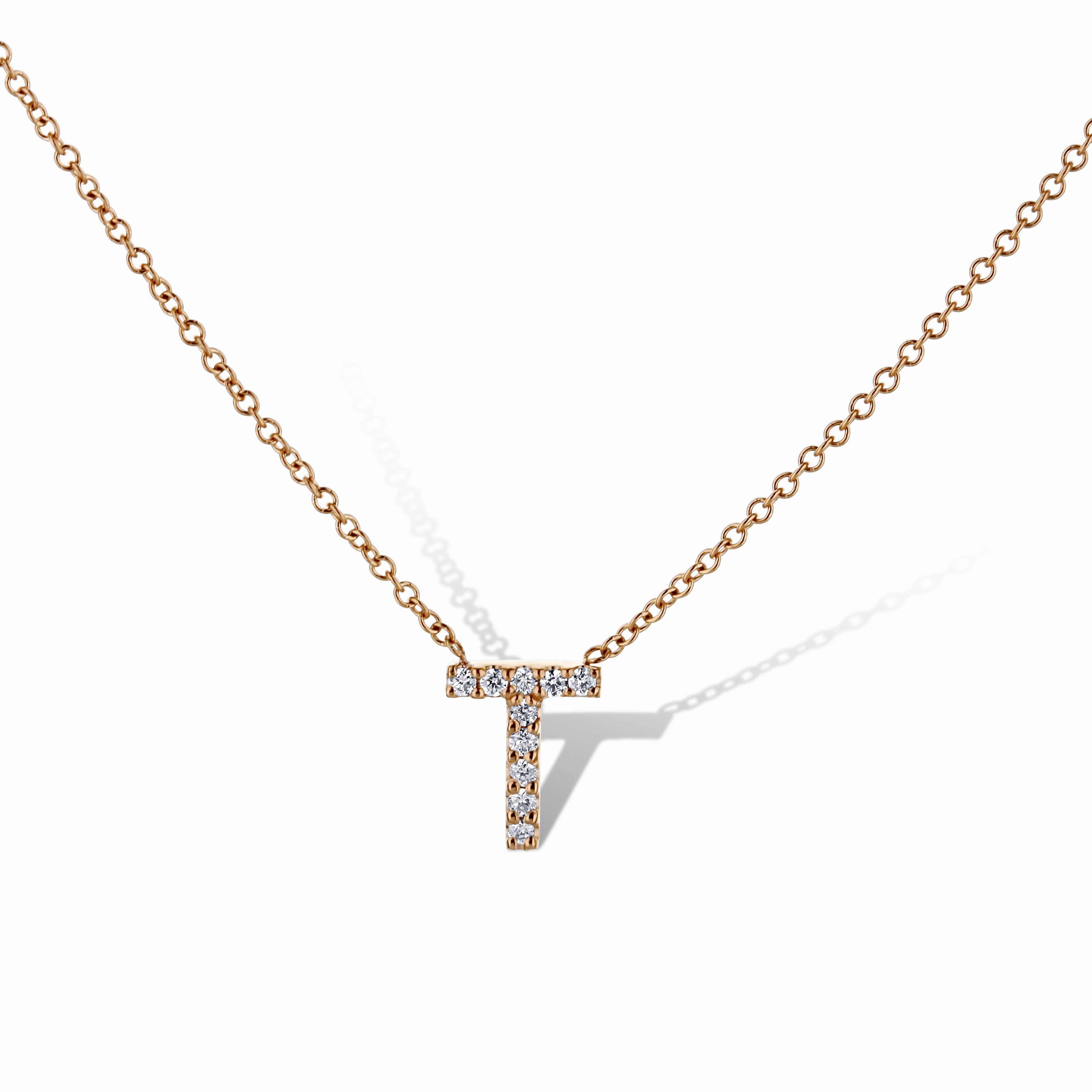 14K Rose Gold Letter 'T' Diamond Pendant Necklace