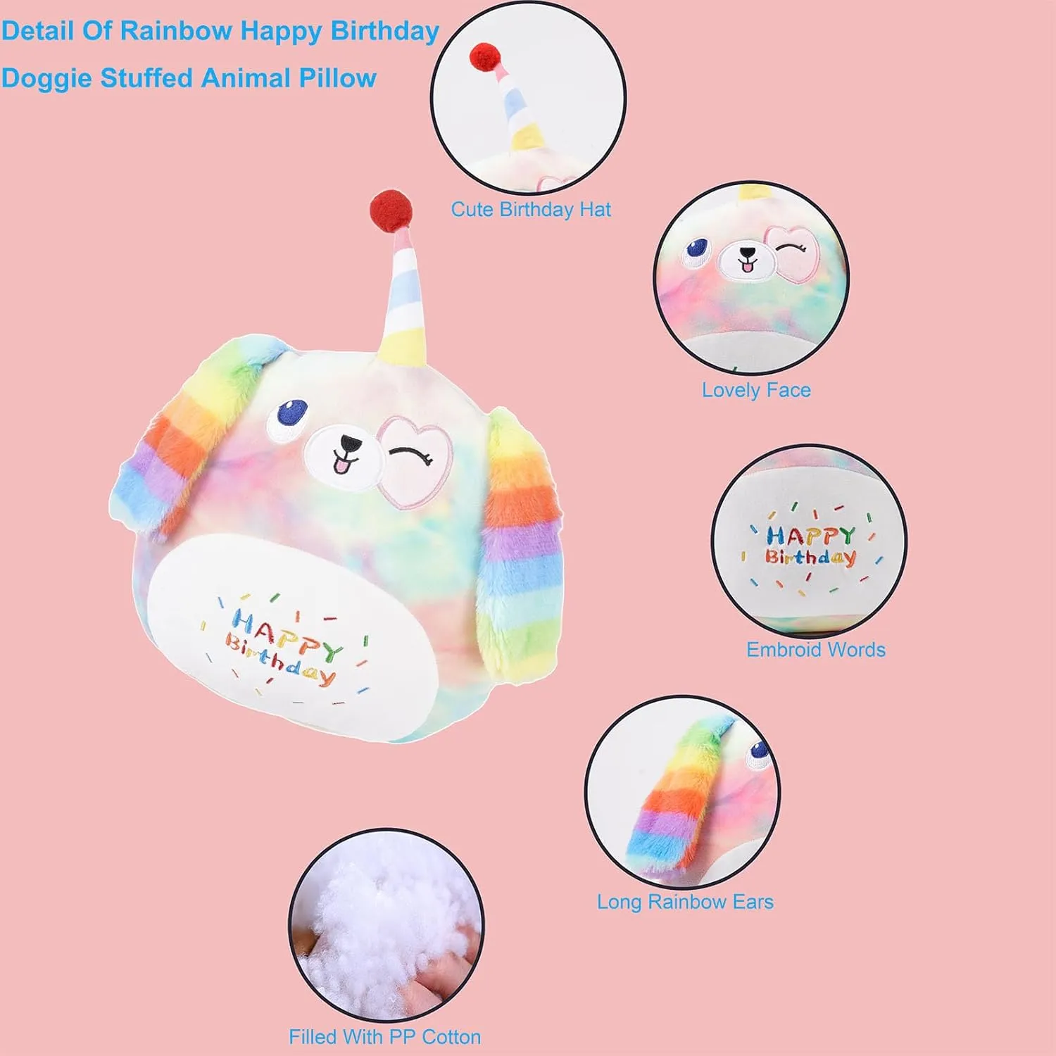 16 Inch Plush Rainbow Dog Stuffed Animal Happy Birthday Dog Hugging Pillow Birthday Dog Plushies Throw Pillow Birthday Rainbow Puppy Anime Gift for Kids and Lovers