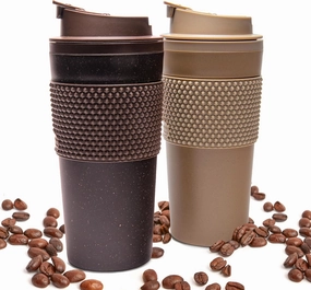 16 oz Coffee Tumbler Set, 2 Pack, Made with Real Coffee Grounds, Detachable & Insulated Double Wall, Cup Holder Ready, Dishwasher and Microwave Safe, Leak Proof Lid, BPA Free, Brown