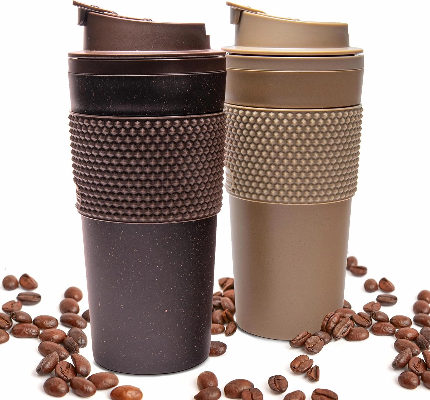 16 oz Coffee Tumbler Set, 2 Pack, Made with Real Coffee Grounds, Detachable & Insulated Double Wall, Cup Holder Ready, Dishwasher and Microwave Safe, Leak Proof Lid, BPA Free, Brown