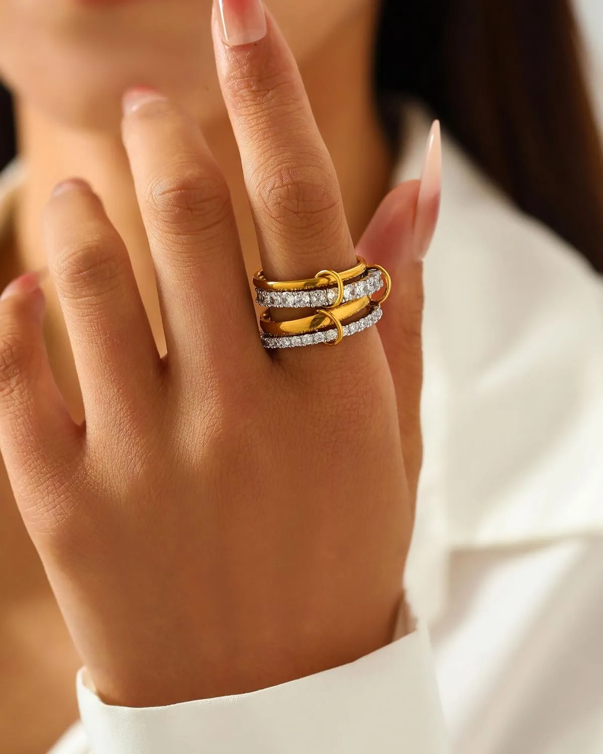 18K Gold Interlocked Stackable Rings for Women, Gold Silver Ring Stack Set, Mixed Metal Stacked, Two Tone Connected, Interlocking Statement Finger Rings Jewelry