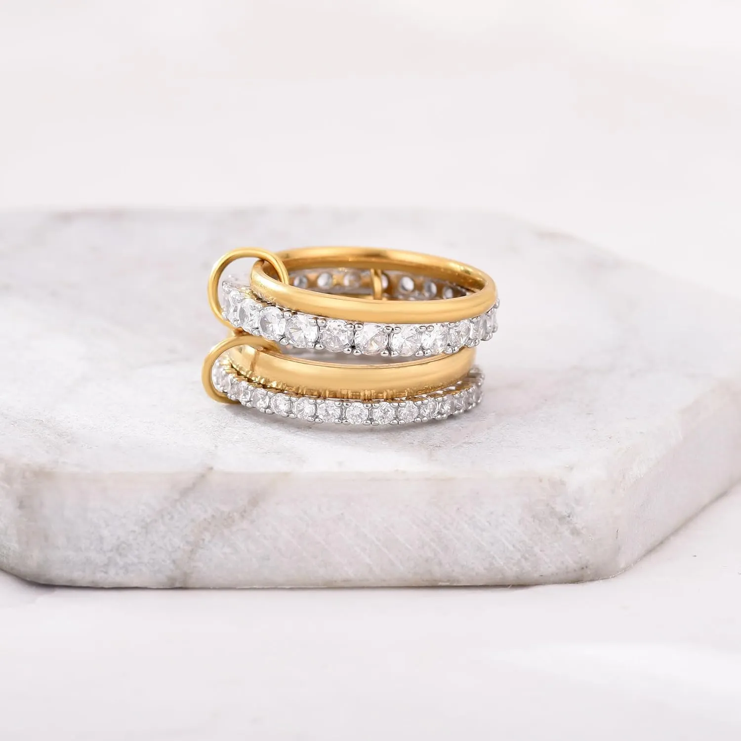 18K Gold Interlocked Stackable Rings for Women, Gold Silver Ring Stack Set, Mixed Metal Stacked, Two Tone Connected, Interlocking Statement Finger Rings Jewelry