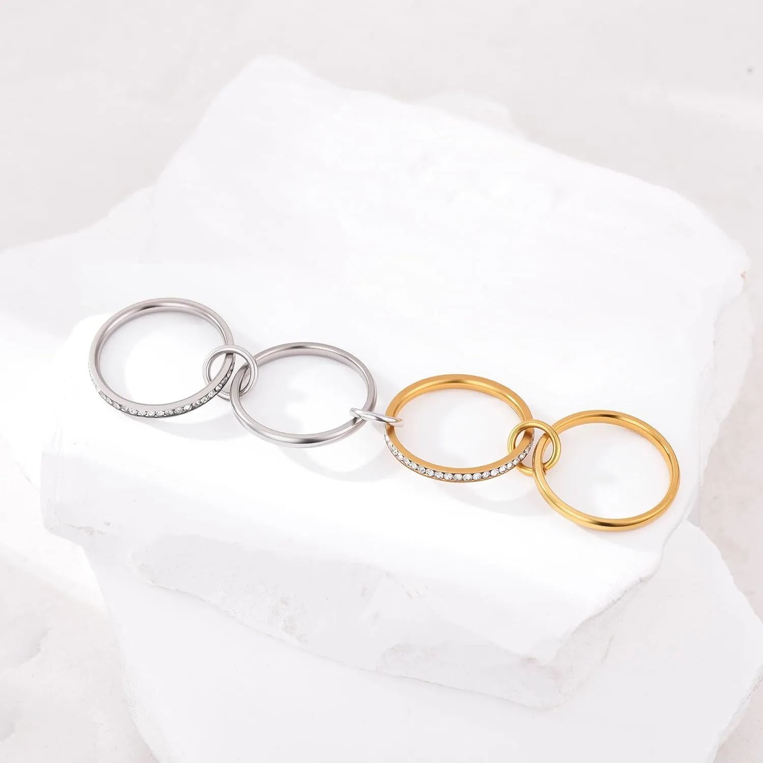 18K Gold Interlocked Stackable Rings for Women, Gold Silver Ring Stack Set, Mixed Metal Stacked, Two Tone Connected, Interlocking Statement Finger Rings Jewelry