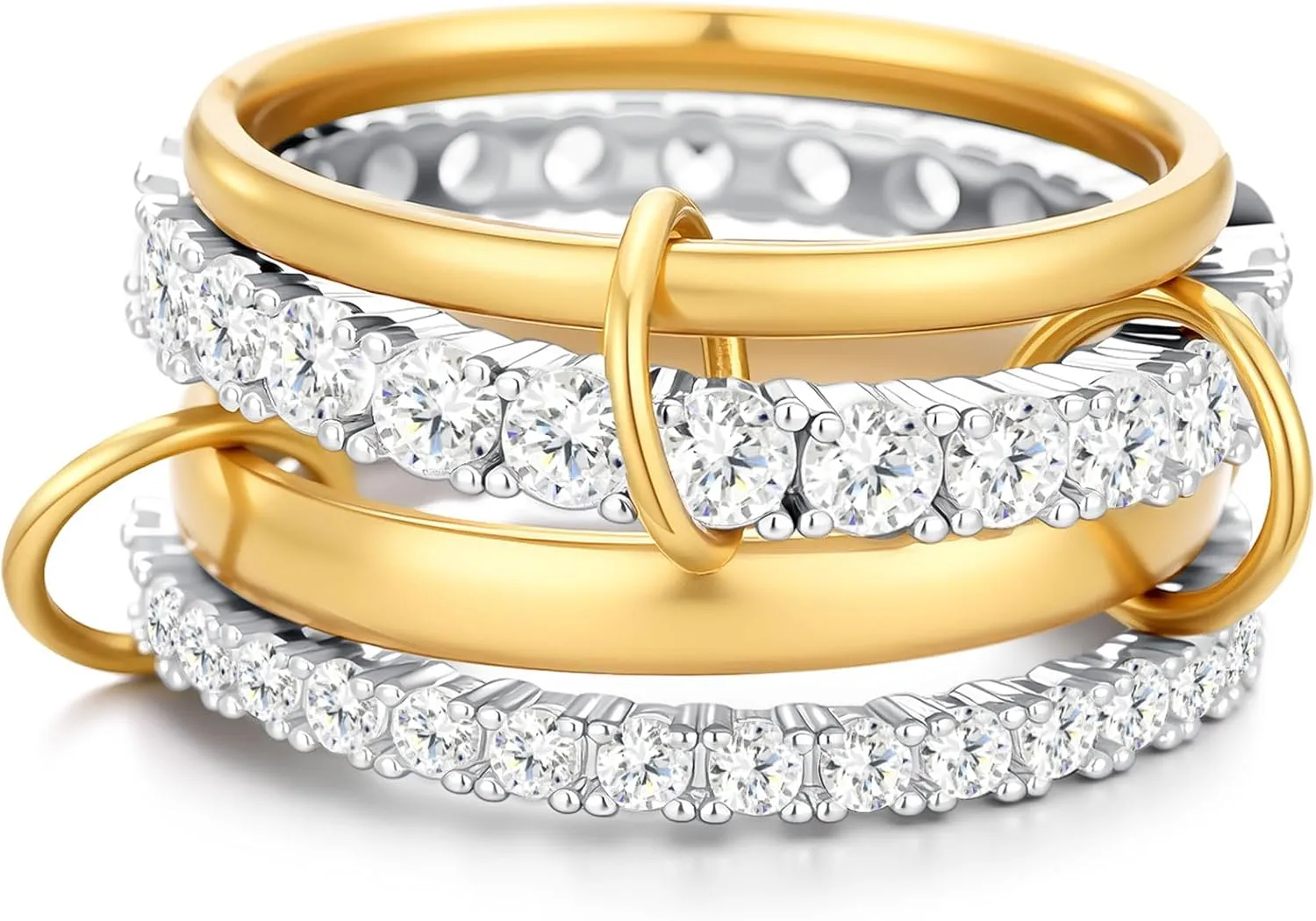 18K Gold Interlocked Stackable Rings for Women, Gold Silver Ring Stack Set, Mixed Metal Stacked, Two Tone Connected, Interlocking Statement Finger Rings Jewelry