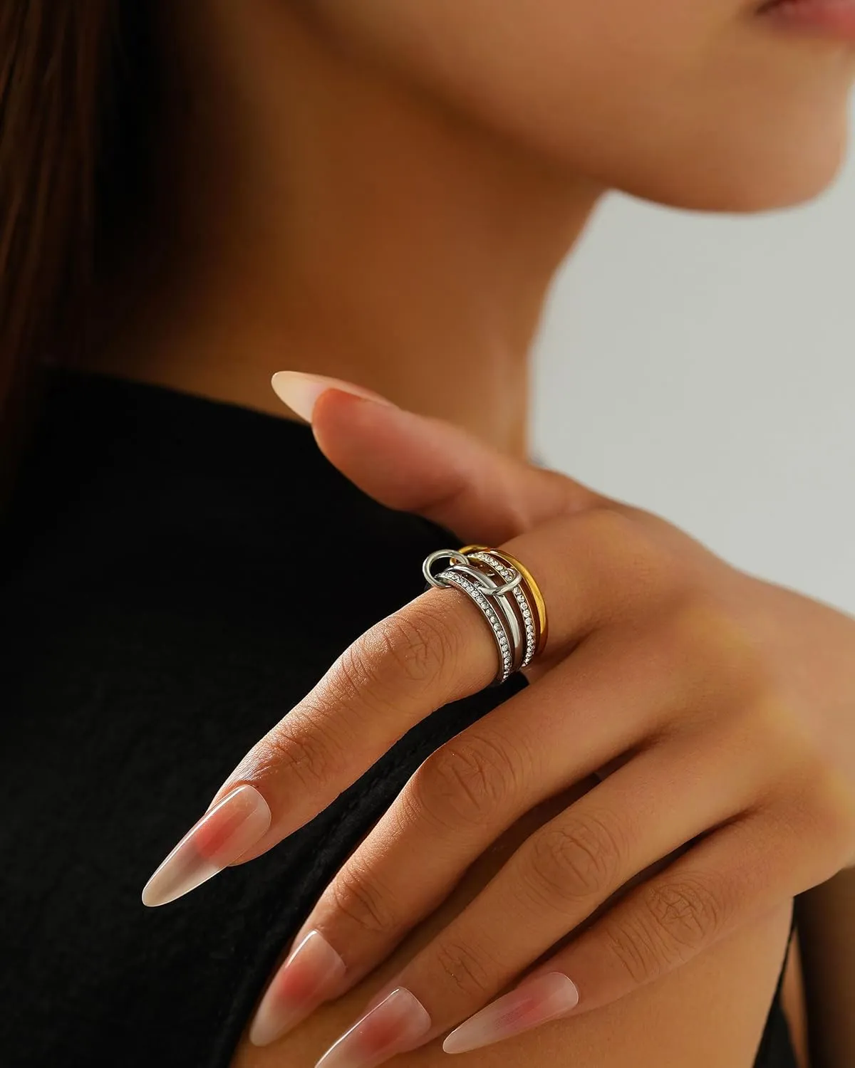 18K Gold Interlocked Stackable Rings for Women, Gold Silver Ring Stack Set, Mixed Metal Stacked, Two Tone Connected, Interlocking Statement Finger Rings Jewelry