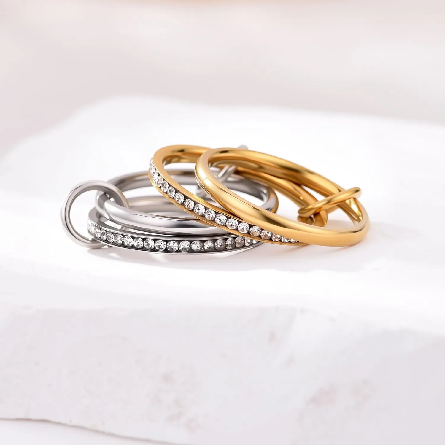 18K Gold Interlocked Stackable Rings for Women, Gold Silver Ring Stack Set, Mixed Metal Stacked, Two Tone Connected, Interlocking Statement Finger Rings Jewelry