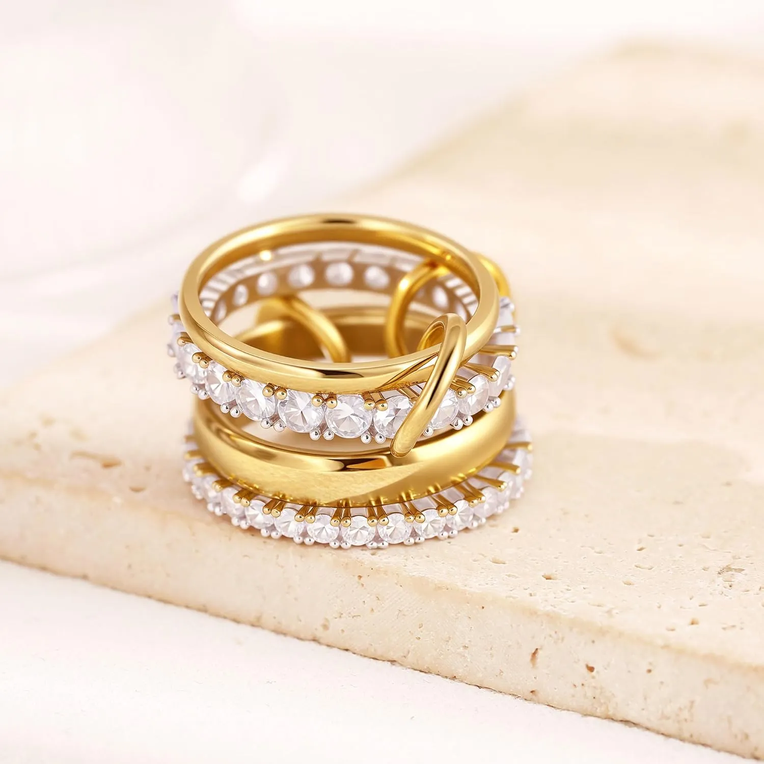 18K Gold Interlocked Stackable Rings for Women, Gold Silver Ring Stack Set, Mixed Metal Stacked, Two Tone Connected, Interlocking Statement Finger Rings Jewelry