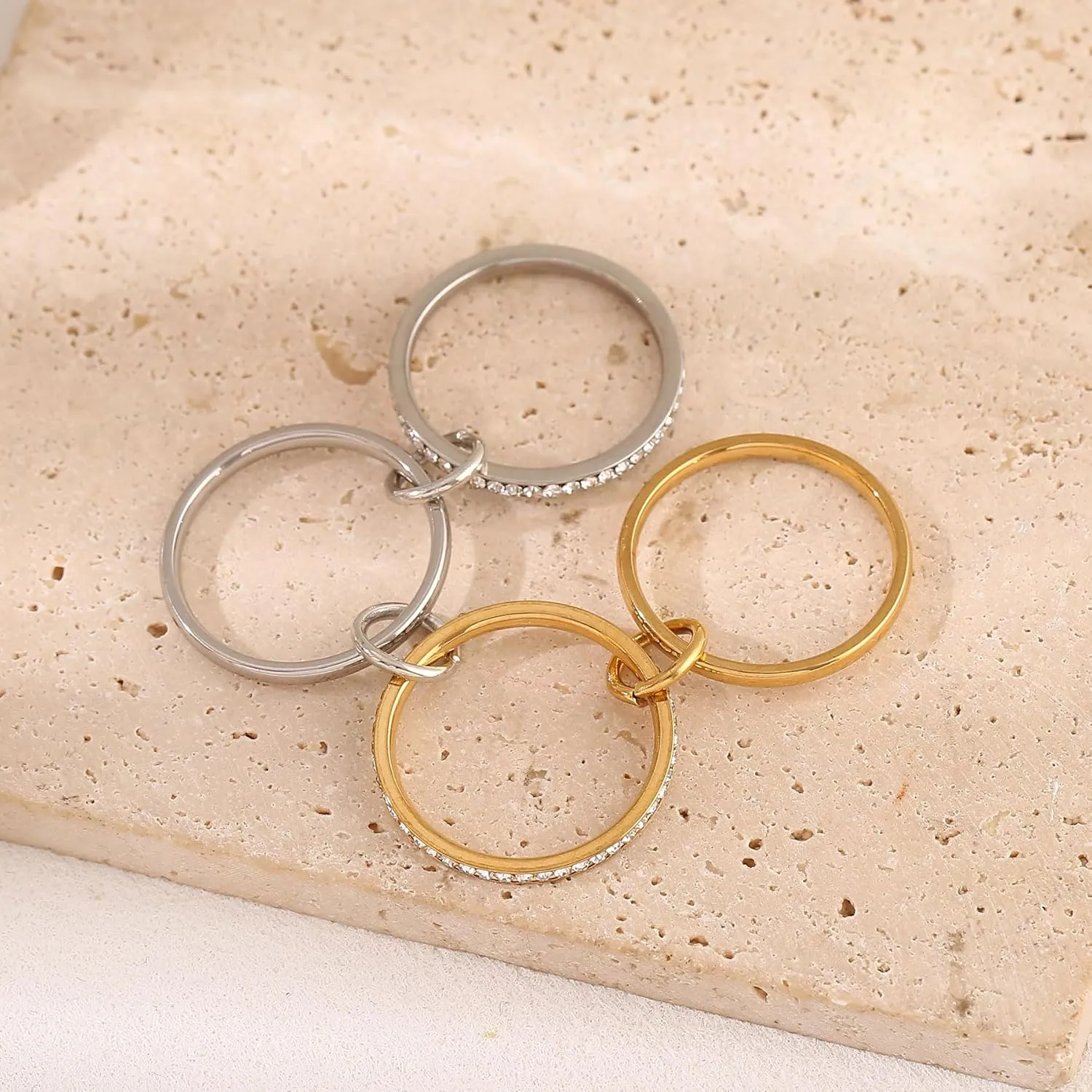 18K Gold Interlocked Stackable Rings for Women, Gold Silver Ring Stack Set, Mixed Metal Stacked, Two Tone Connected, Interlocking Statement Finger Rings Jewelry